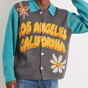 PacSun Green LA Button Up Sweater Cardigan. Teal and Gray Graphic. Size M.